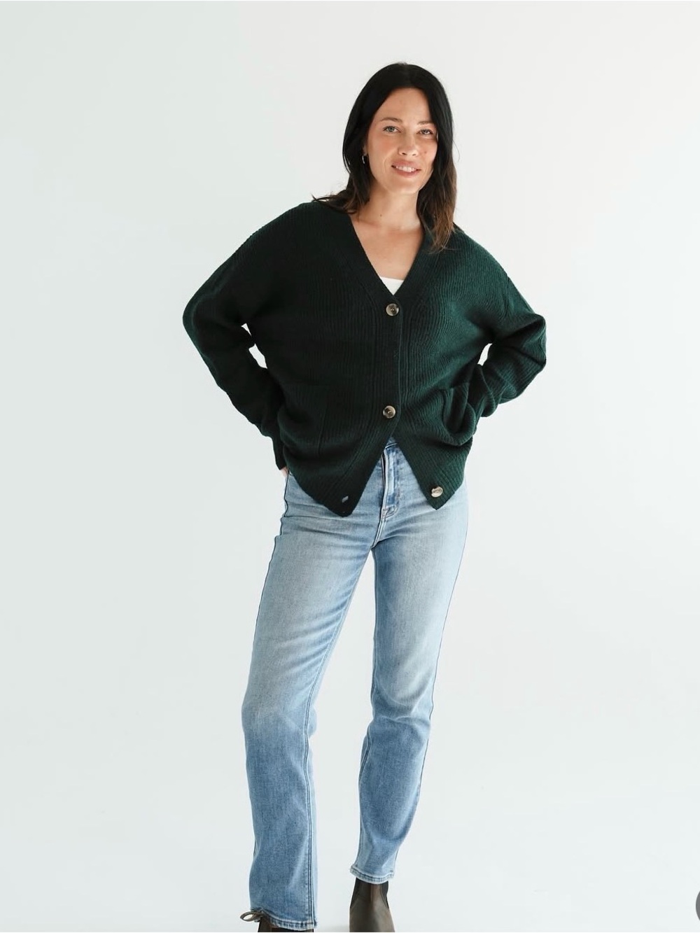 Carly Jean Los Angeles Dark Green V-Neck Button Cardigan